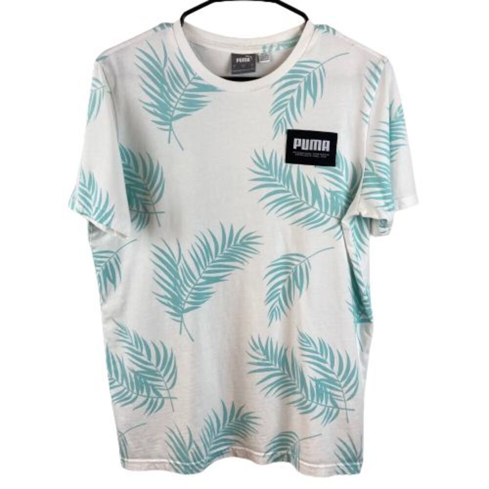 PUMA Palm Tree AOP Blush Logo T-Shirt sz Small Cloud White Green
